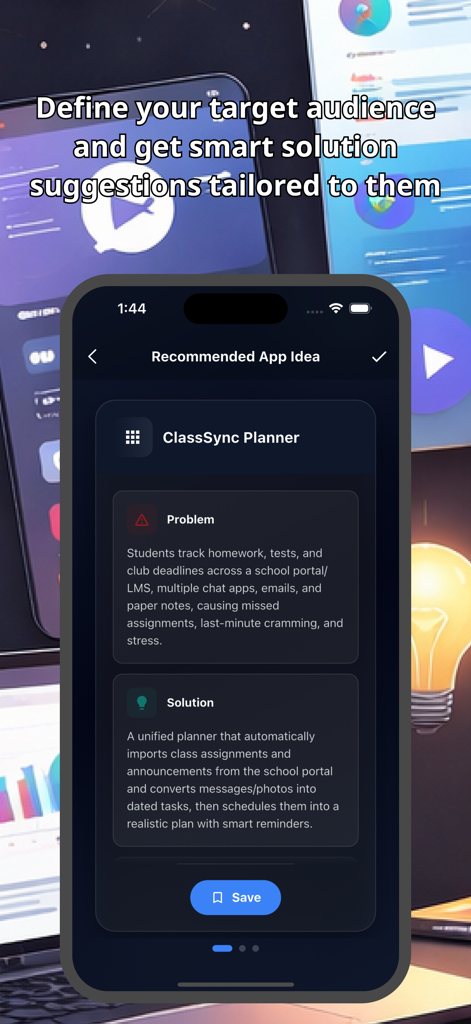 App Hub : Manage & Plan Apps - App Hub interface showing an AI generated app idea with problem and solution sections