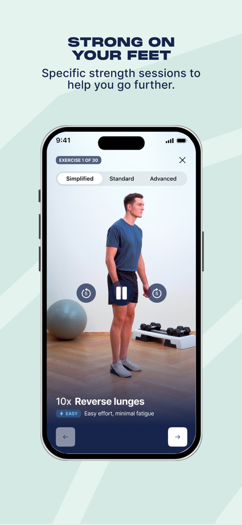 A mobile app screen showing a runner performing reverse lunges as part of a specific strength session for better performance.