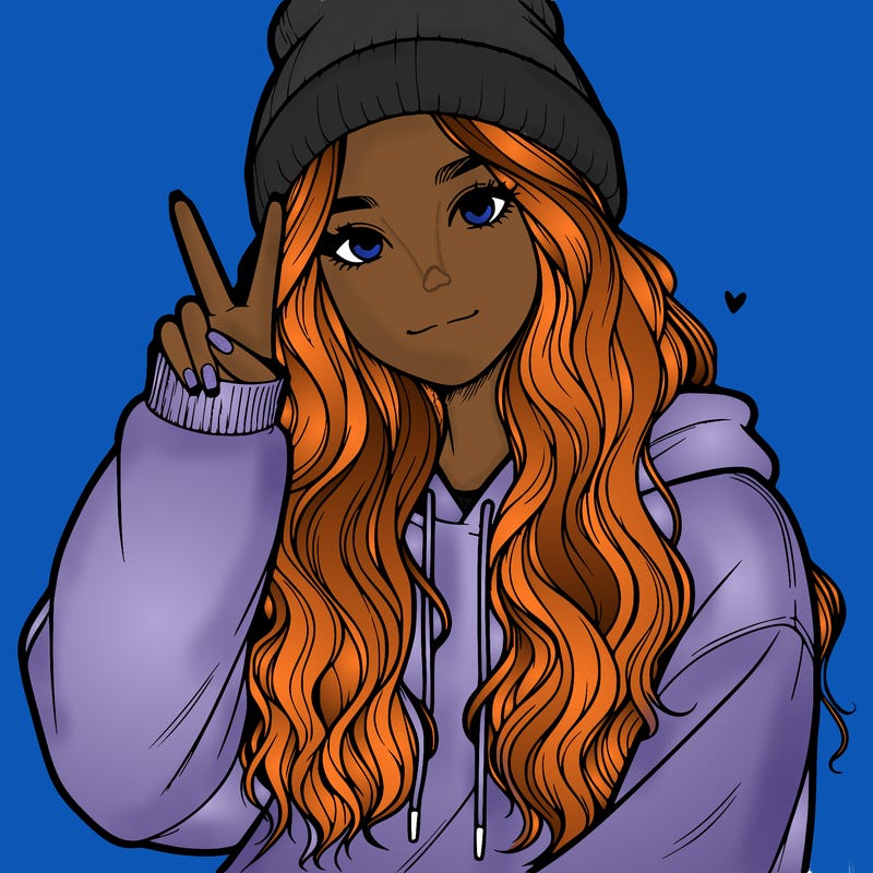 a teenage girl in a beanie, oversized sweatshirt, wavy long hair, and is showing a ✌️