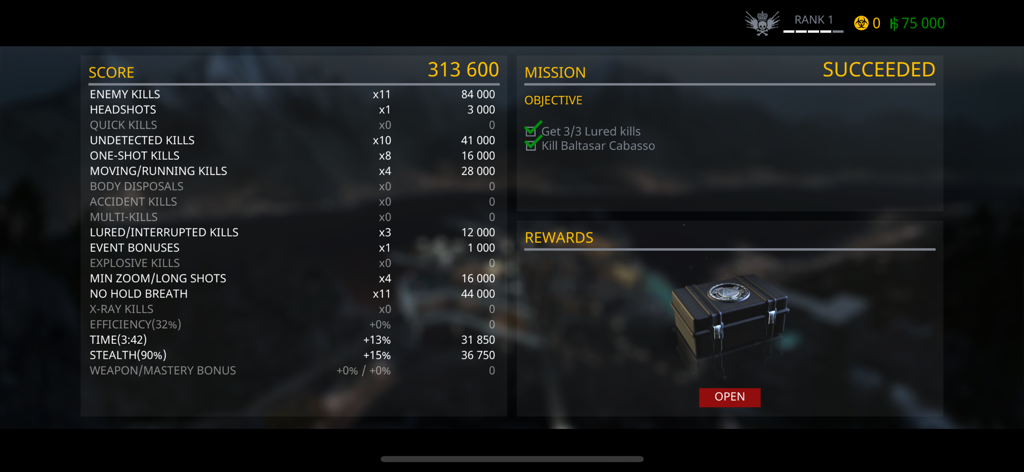 Hitman Sniper - Hitman Sniper-Missionserfolgsbildschirm mit detaillierter Punktaufschlüsselung und Belohnungskiste