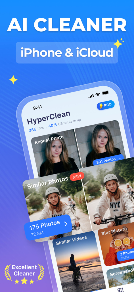 HyperClean - Phone Cleaner - Interfaz de la aplicación HyperClean mostrando funciones de limpieza de fotos y videos impulsadas por IA para iPhone e iCloud