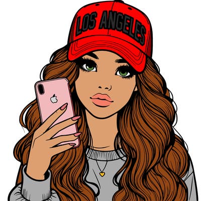 realistic beautiful girl wearing los ángeles cap holding an iphone