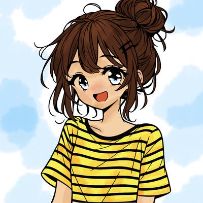 anime girl teenager striped shirt and smile and messy bun