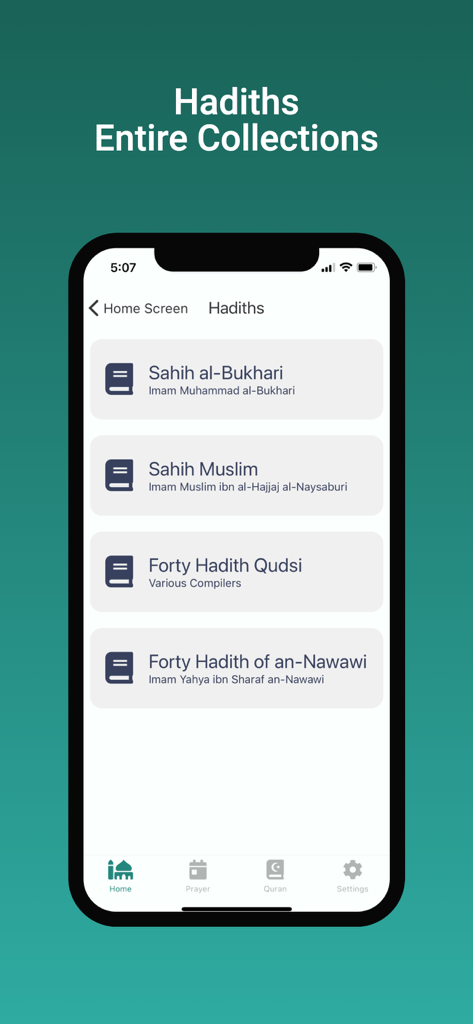 Islam App - The Muslim OS - Smartphone screen showing the Hadith collections section of the Islam App with a list including Sahih al-Bukhari and Sahih Muslim.