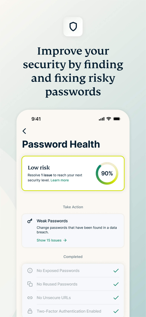 ExpressKeys: Password Manager - ExpressKeysパスワードヘルスダッシュボード。リスクの低い90パーセントのセキュリティスコアとパスワードセキュリティチェックが表示されています。