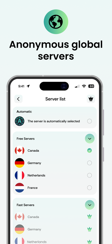 VPN - Top Fast VPN Lite - Un smartphone mostrando la lista de servidores de la aplicación VPN Top Fast VPN Lite con varias ubicaciones de servidores internacionales.