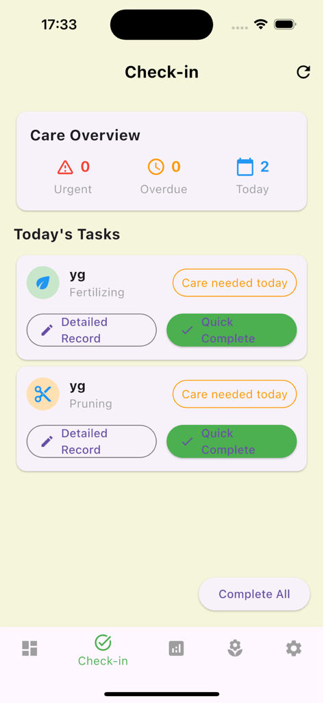Mobile Custom: Log Care - A mobile interface for the Mobile Custom: Log Care app showing a check-in screen with daily plant tasks like fertilizing and pruning