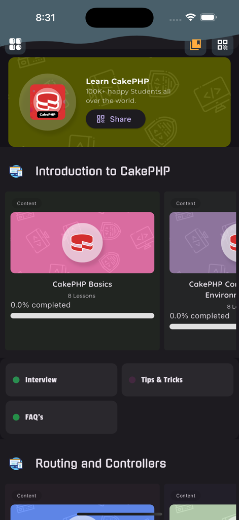 Mobile app dashboard for learning CakePHP framework showing course modules and interview preparation sections