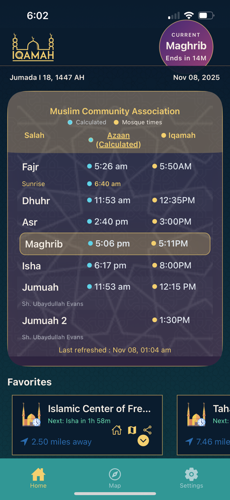 Iqamah - The home screen of the Iqamah app showing a list of prayer times and congregational mosque times for the Muslim Community Association.