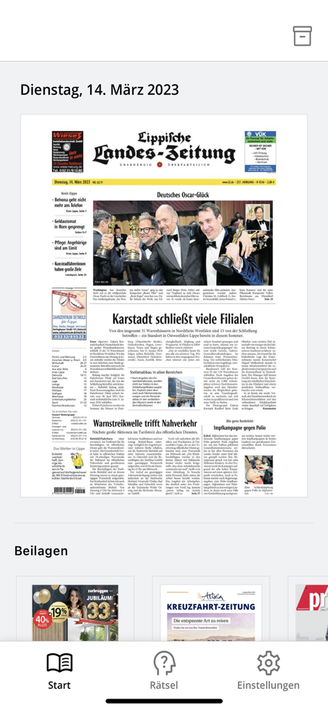 LZ-ePaper mobile app displaying the front page of Lippische Landes-Zeitung and supplements