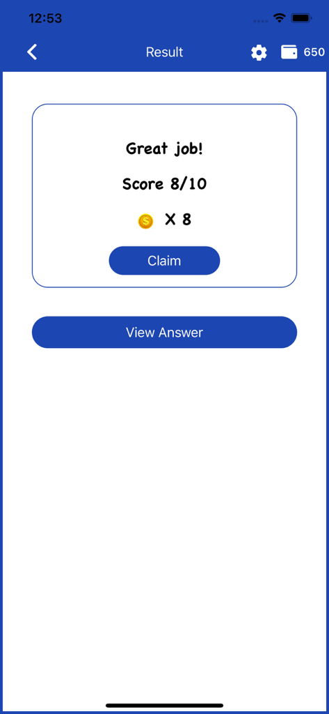 German Bible Trivia Game - 획득한 코인으로 10개 중 8개의 결과를 보여주는 독일어 성경 퀴즈 게임 점수 요약 화면