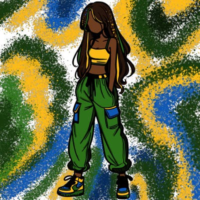 girl in baggy pants crop top and long hair