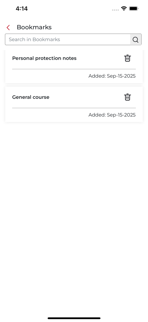 Bookmarks management screen in the AHA eBook Reader app for healthcare professionals