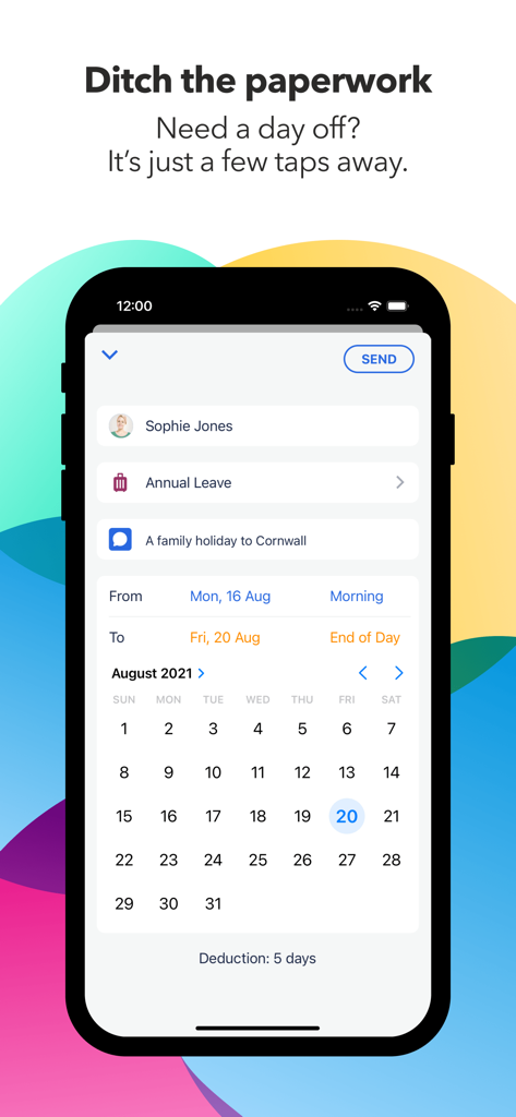 Interface of Timetastic app showing a staff member requesting annual leave on a mobile calendar