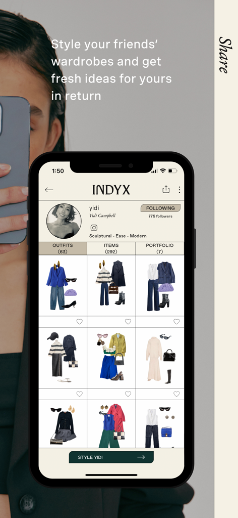 Indyx: Wardrobe & Outfit App - Indyx app interface displaying a friends shared digital wardrobe with outfit inspiration and a style button