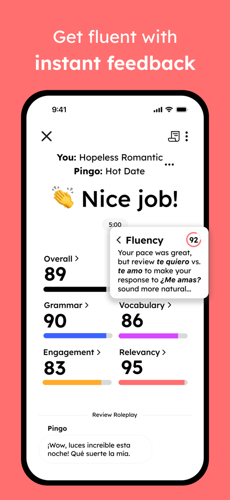 Pingo AI app interface displaying detailed language performance scores and feedback on fluency