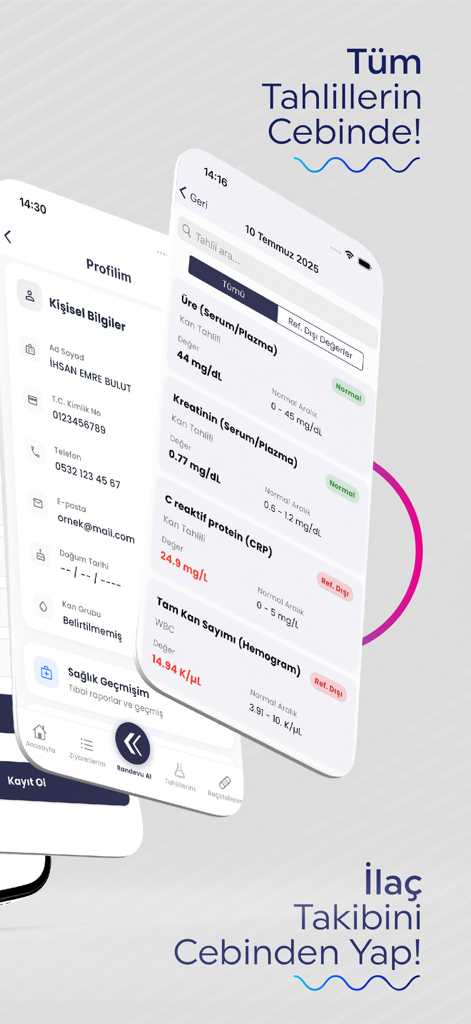 Doruk - Medical test results and personal profile screens in the Doruk health app