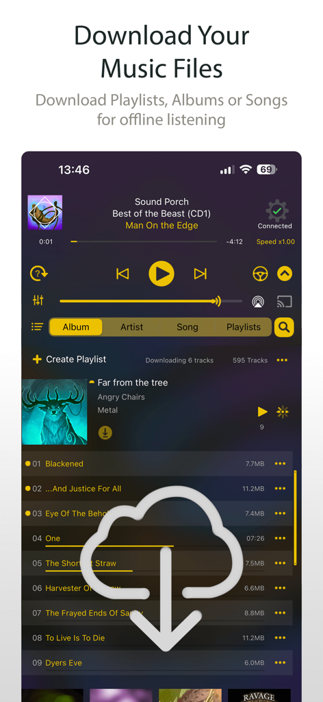 MusicStreamer app interface for downloading playlists and albums to listen offline