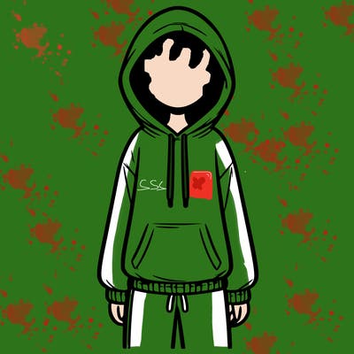 faceless girl in a tracksuit with a hood on and no hair