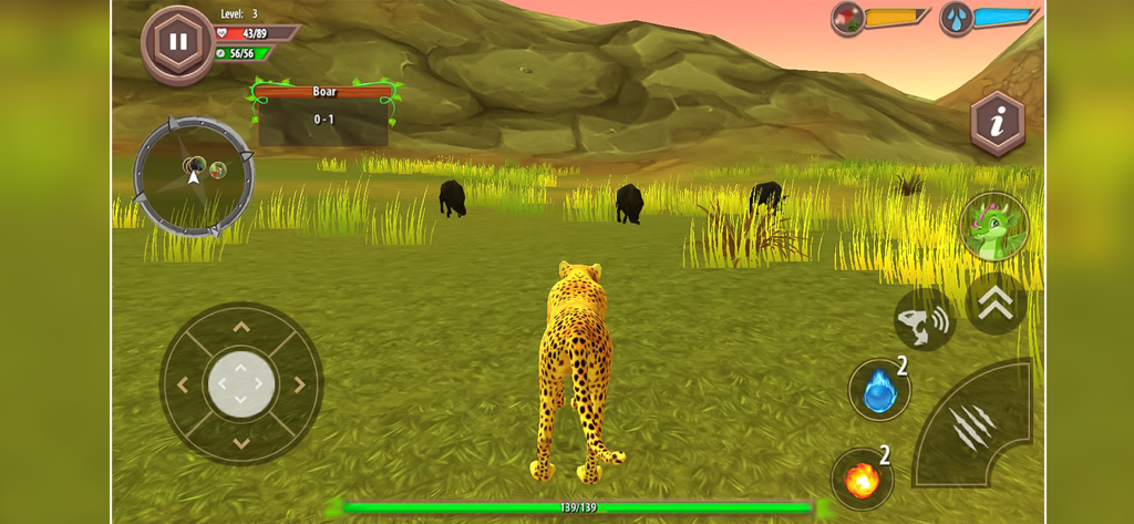 Beast Lion Animal Simulator 3D - A cheetah character hunting wild boars in a 3D savanna environment in the Beast Lion Animal Simulator 3D game.
