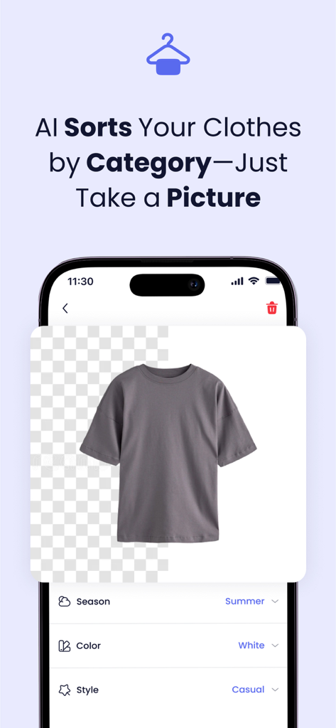 Smart Outfit: AI Stylist - AI sorting clothes by category in the Smart Outfit app interface
