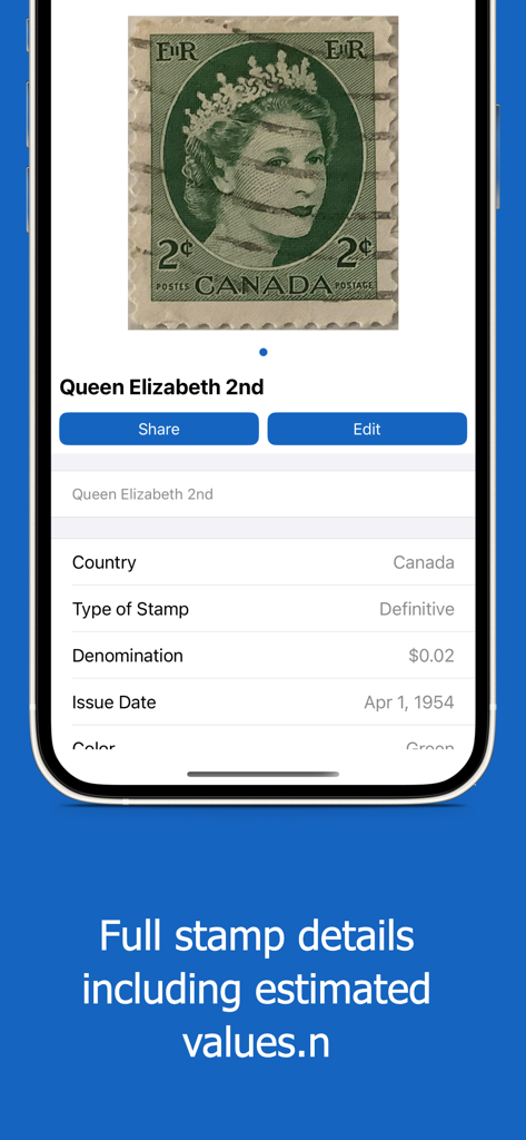 iCollect Stamps: Scanner List - A mobile screen showing detailed information for a vintage Canadian stamp including denomination and issue date in the iCollect Stamps app