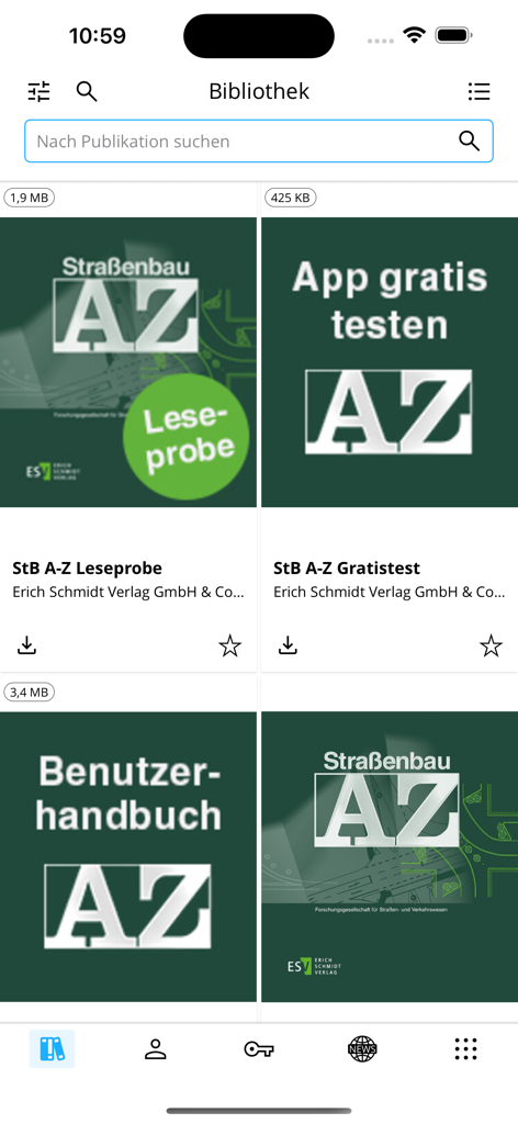 Straßenbau A-Z - The library screen of the Straßenbau A-Z app featuring various road construction technical manuals.