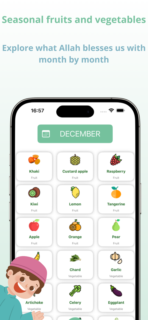 Lista de frutas e vegetais da estação para dezembro no aplicativo móvel TagHalal