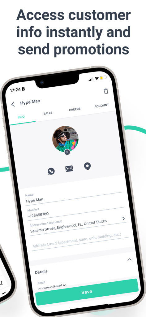 Kyte: Online Catalog and Store - Pantalla de la app Kyte mostrando detalles de contacto del cliente y opciones de promoción