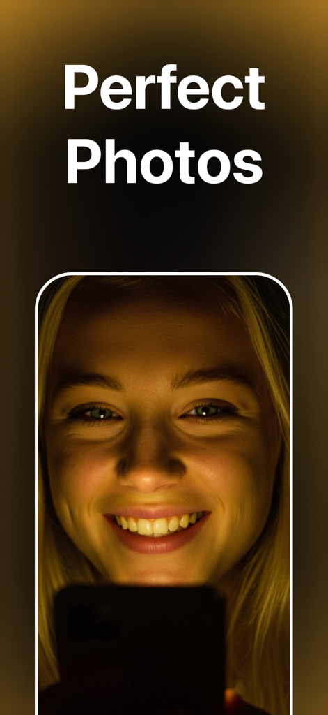 GlowCam Light - SelfieCam - A woman smiling with warm golden lighting on her face while taking a selfie with GlowCam