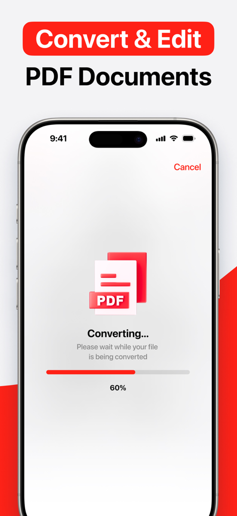 PDF Converter・Convert, Scanner - 進捗バーが60パーセントの状態で、ファイルがPDFに変換されている様子を示すiPhone画面