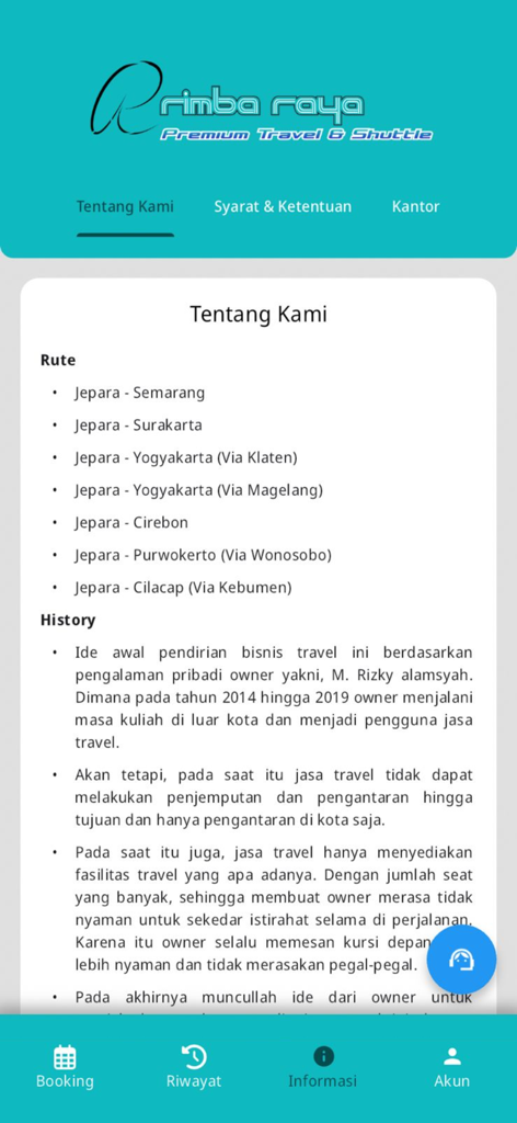Rimba Raya Travel app About Us screen showing shuttle routes and company history