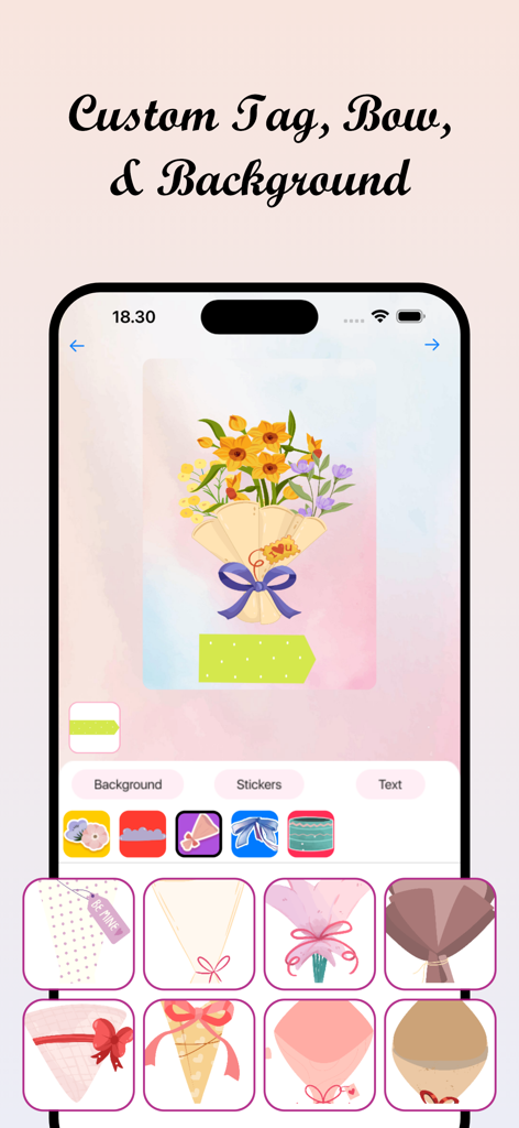Flower Language: DIY Bouquet - フラワーランゲージアプリのインターフェースで、タグ、リボン、背景でデジタルブーケをカスタマイズするオプションが表示されています