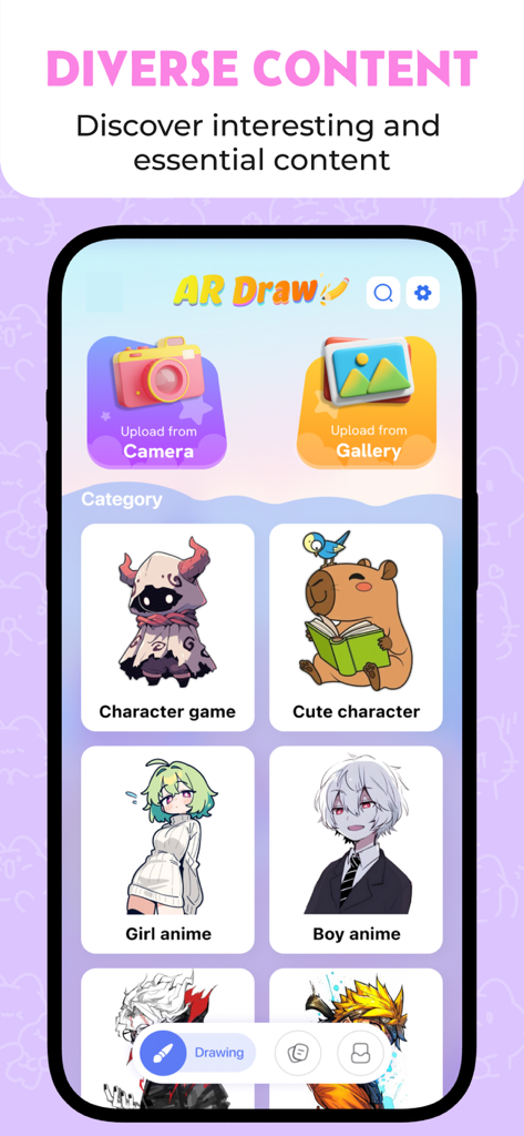 Artflow: AR drawing & Paint - Interfaz de la app Artflow mostrando diversas categorías de dibujo como personajes de anime y videojuegos