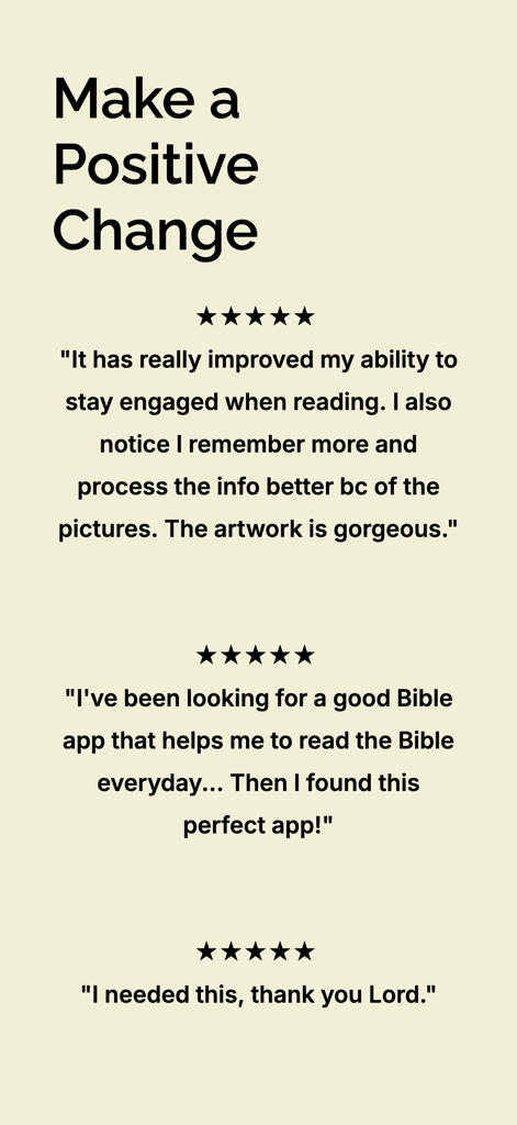 A collection of five star customer reviews and testimonials for the Brilliant Bible app highlighting improved engagement and beautiful artwork