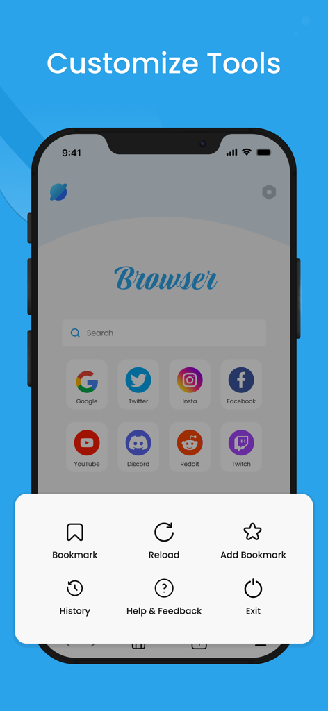 Internet Browser :Private,Safe - Mobile browser interface showing search shortcuts and a tools menu for bookmarks and history.