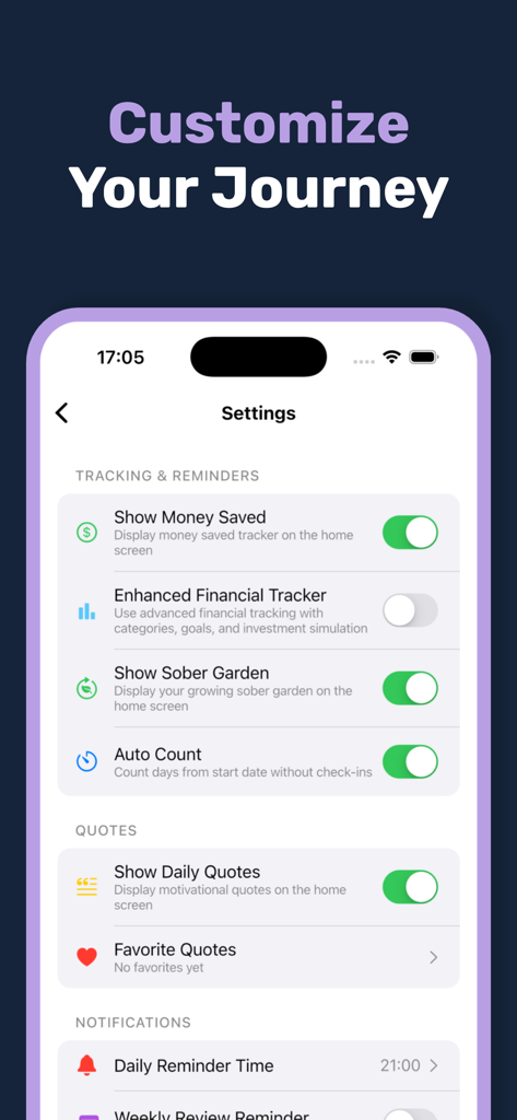 Sober Tracker: Quit Alcohol - A screenshot of the Sober Tracker app settings page showing options to customize tracking features like money saved, the sober garden, and daily quotes.