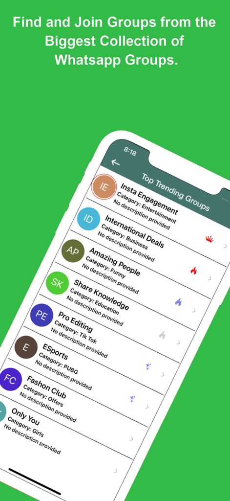 Pantalla de aplicación móvil que muestra una lista de los grupos de WhatsApp más populares, categorizados por intereses como negocios, gaming y entretenimiento