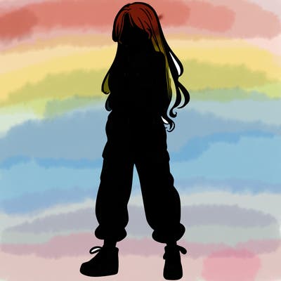 girl in baggy pants crop top and long hair