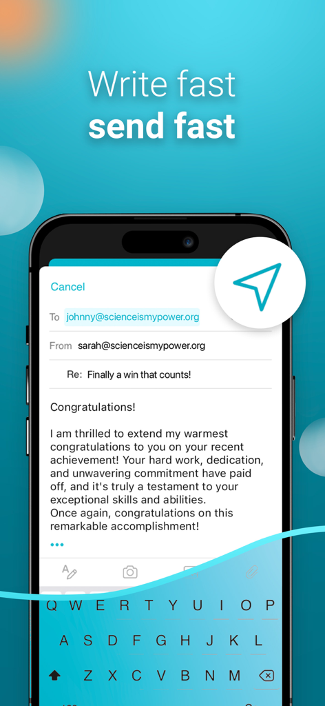 Interfaz de la aplicación Aqua Mail mostrando la pantalla de composición de correo electrónico con el lema Escribe rápido, envía rápido.