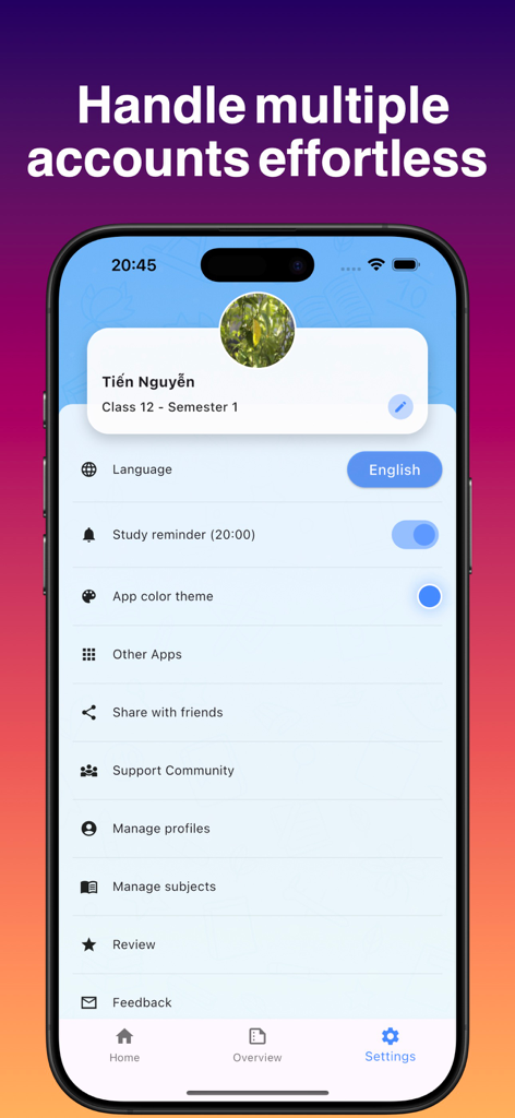 myGrade: Student Grade Report - The settings screen of the myGrade app showing options for managing multiple student profiles and study reminders.