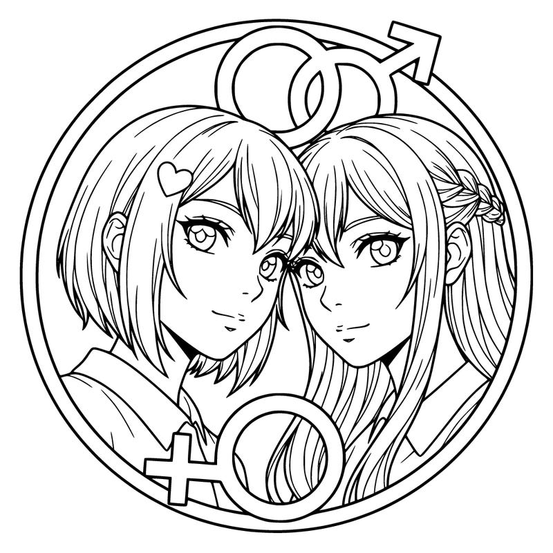 two anime girls, close up of their head, no pets, no background, lgbtq+