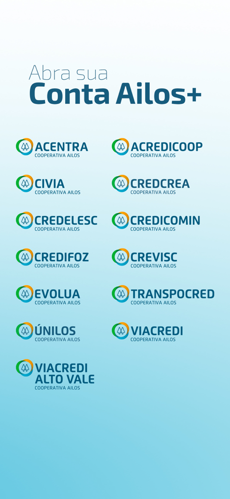 A list of various Brazilian credit unions available for digital account opening within the Ailos plus app