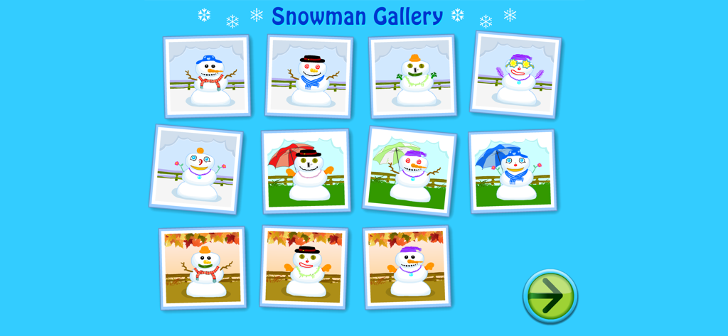 Starfall Snowman - Una galería digital que muestra once muñecos de nieve decorados diferentes con varios accesorios.