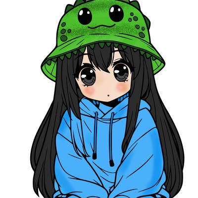girl with anime shaped eyes with a dinosaur bucket hat oversized sweatshirt long straight hair