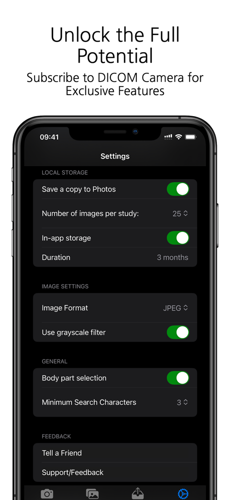 DICOM Camera - Settings menu of the DICOM Camera app showing medical image storage and clinical configuration options