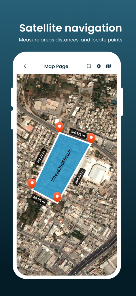 GPS Area Calculator for Land - Satellite map view of the GPS Area Calculator app measuring a land plot with digital markers