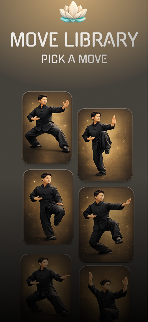 Tai Chi & Qigong: Home Coach - Tai Chi and Qigong move library screen showing various exercise poses