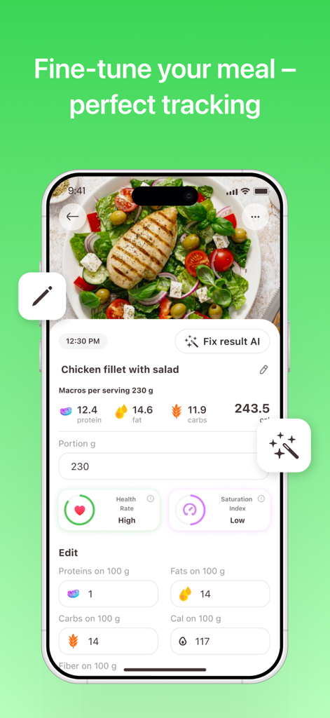 SnapDiet: AI Calorie tracker - SnapDiet 앱 인터페이스는 치킨 샐러드 식사에 대한 AI 분석 및 다량 영양소 추적을 보여줍니다.