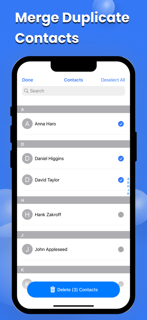 Phone Cleaner - Smart Clean Up - Smartphone screen showing the merge duplicate contacts feature of the Phone Cleaner app